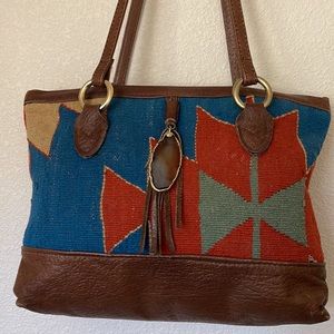 Colorful Patterned Tote Bag with Brown Accents